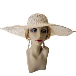 WHITE Womens Floppy Straw Wide Brim Elastic Chin Strap Sun Hat